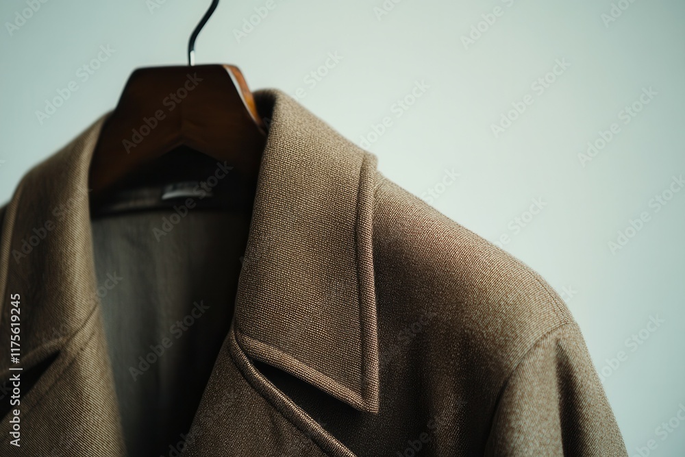Close-up of brown wool blazer on wooden hanger with soft light. Close-up of brown wool blazer on wooden hanger with soft light.