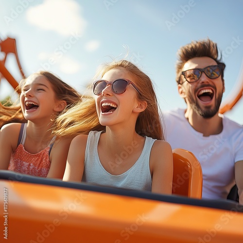 Families and friends enjoy thrilling rollercoaster rides under sunny skies. Amusement Park. AI generated image