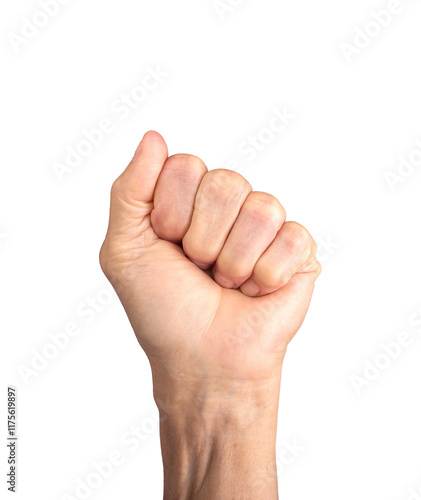 Fist gesture. Elderly Caucasian woman s wrinkled hand clenched tightly, symbolizing strength, protest, and feminism. Front view of a mature person expressing power and determination through body photo