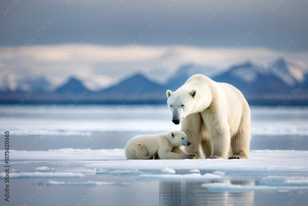 Polar bear mother with baby on ice Polar bear mother with baby on ice