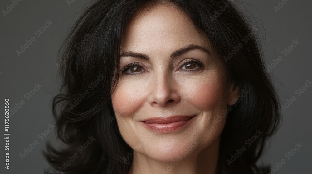 Obraz premium Close-up portrait of a middle-aged American woman smiling warmly, her smooth and glowing complexion emphasized against a neutral backdrop.