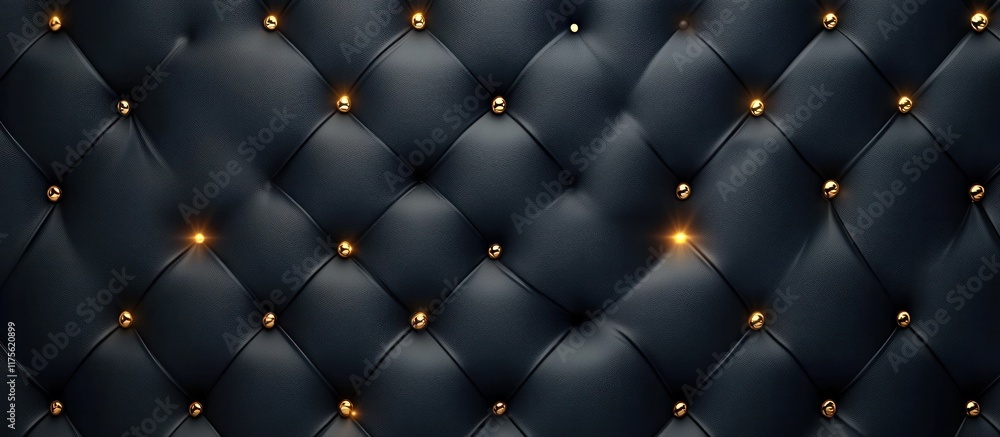 Obraz premium Elegant and luxurious button tufted leather upholstery texture with metallic gold brass or copper accents in a dark moody and dramatic lighting setup This high end sophisticated