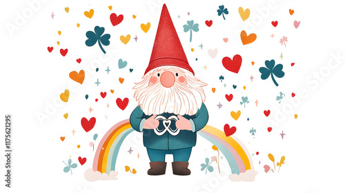 cheerful gnome stands with heart symbol, surrounded by colorful hearts and clovers, under rainbow
