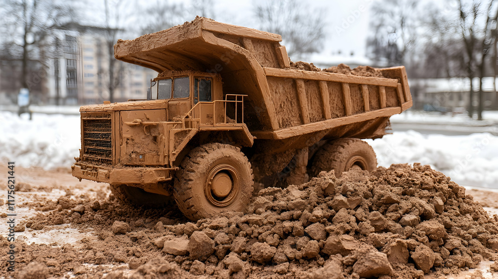 Mud-caked dump truck model in winter setting. Mud-caked dump truck model in winter setting.
