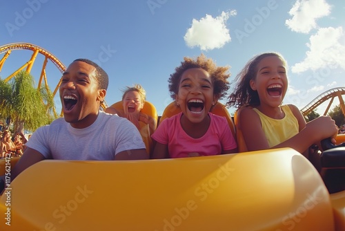 Families and friends enjoy thrilling rollercoaster rides under sunny skies. Amusement Park. AI generated image