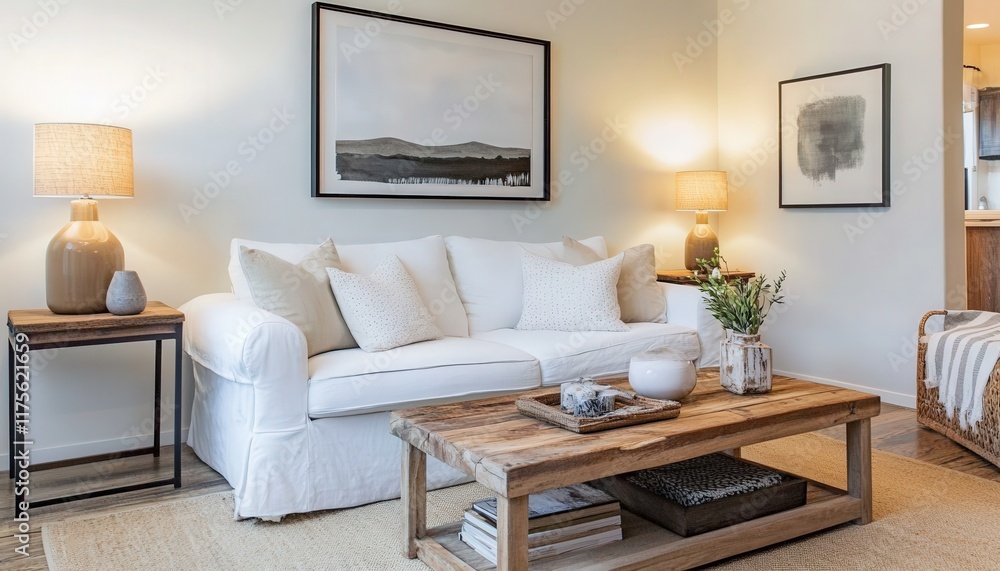 Fototapeta premium Coastal Living Room Interior Design White Sofa Wooden Coffee Table Neutral Decor