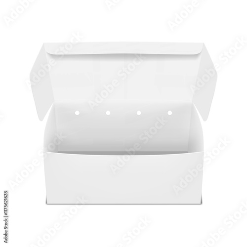 Open paperboard takeout food box empty inside. 3d mockup. Blank white takeaway fast food snack package. Paper container packaging for french fries, chicken nuggets, mozzarella sticks. Vector mock-up