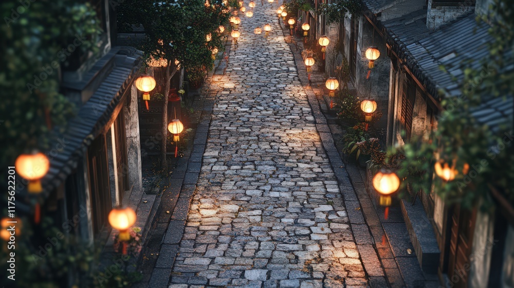 Illuminated Cobblestone Street With Hanging Lanterns Illuminated Cobblestone Street With Hanging Lanterns