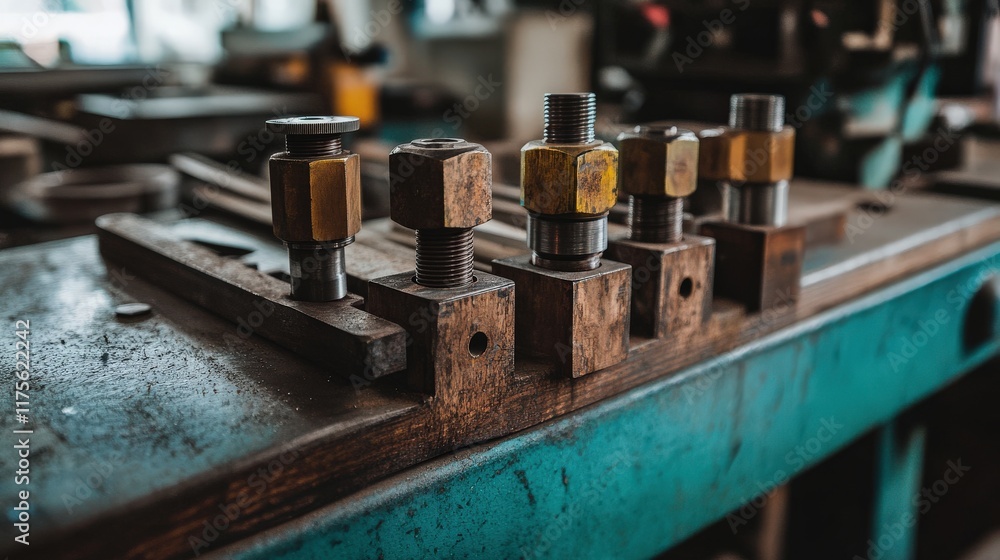 Close-Up of Metal Machine Components on a Workbench in a Workshop Environment, Highlighting Industrial Tools and Equipment for Machinery Maintenance and Repair Oversight Close-Up of Metal Machine Components on a Workbench in a Workshop Environment, Highlighting Industrial Tools and Equipment for Machinery Maintenance and Repair Oversight