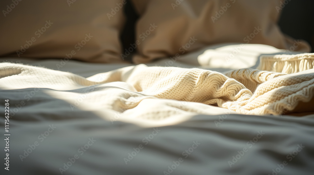 Close-up view of a rumpled beige bedspread and blanket in soft, natural light. The fabric textures are visible, showing folds and wrinkles. The overall tone is warm and calm. Close-up view of a rumpled beige bedspread and blanket in soft, natural light. The fabric textures are visible, showing folds and wrinkles. The overall tone is warm and calm.