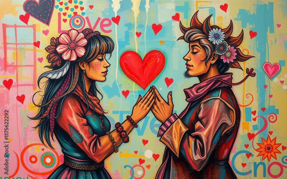 Fototapeta premium Romantic illustration with hearts.