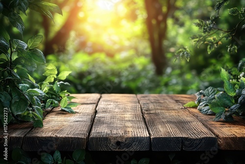rustic wooden table framed by lush greenery outside inviting viewers to imagine a serene scene perfect for product presentation