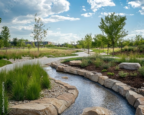 Serene Park Landscape with Winding Stream and Walkway photo