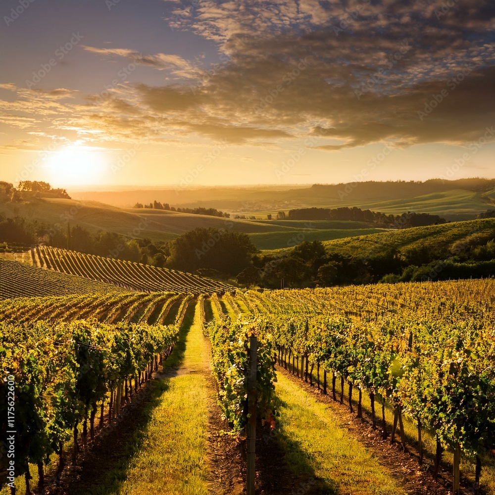 Fototapeta premium A picturesque vineyard landscape with rows of grapevines stretching across rolling hills, bathed in golden sunlight, offering a serene and scenic view
