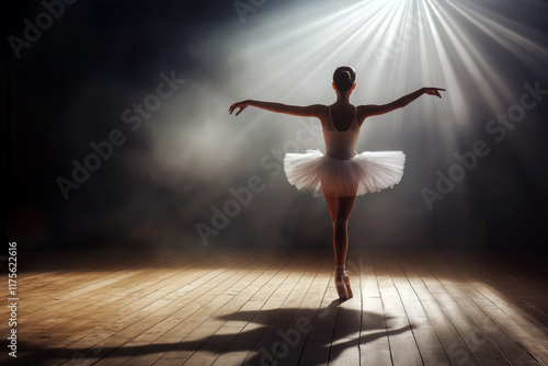 Graceful ballerina performing a pirouette on a wooden stage with dramatic spotlight. photo