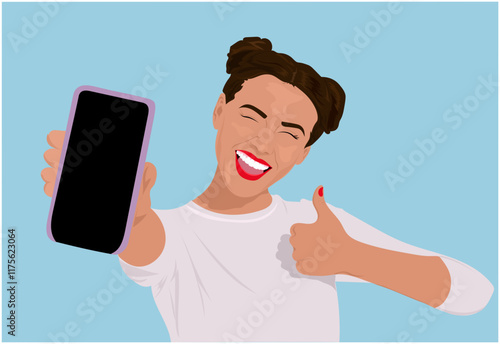 A cheerful vector illustration of a woman holding a smartphone and giving a thumbs-up, smiling brightly against a light blue background.