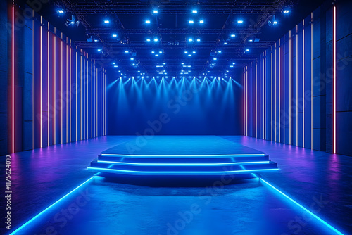 A 3D blue showroom interior with neon LED lights and a dark abstract studio stage creates an empty television hall perfect for a dance party or concert, providing a dynamic background for stock photos