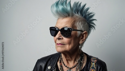 portrait of a rocker grandmother on a white background
