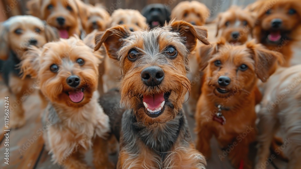 A joyful group of dogs, showcasing various breeds with cheerful expressions, gathered together in a playful setting.