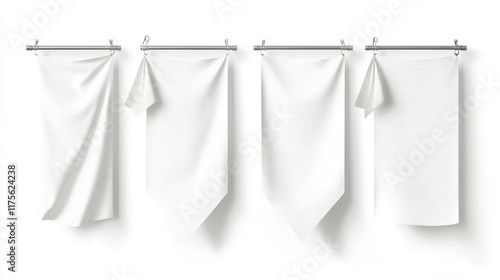 White Fabric Banners Hanging on a Metal Rod Against White Wall. photo