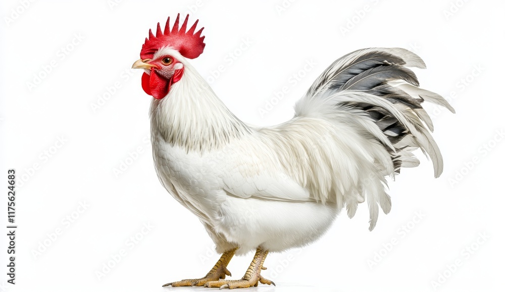 Fototapeta premium White Rooster Standing Against White Background.