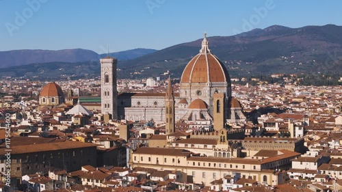 Aerial drone view of the Duomo di Firenze, a cathedral in the city of Florence, Italy.
