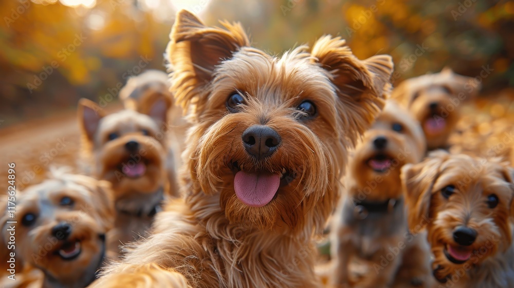 A cheerful group of Yorkshire Terriers poses outdoors, surrounded by autumn foliage, showcasing their playful and friendly nature. A cheerful group of Yorkshire Terriers poses outdoors, surrounded by autumn foliage, showcasing their playful and friendly nature.