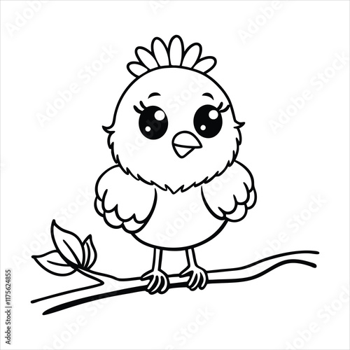 Cute cartoon chick, big eyes, fluffy feathers, small beak, perched on branch, simple line drawing, black and white illustration, kawaii style, children's book character, adorable baby animal, cheerful