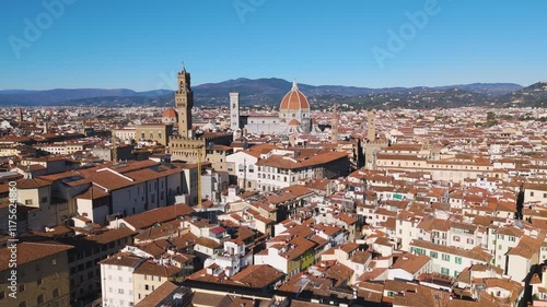 Aerial drone video of the skyline in the old city center of Florence in Tuscany, Italy.
