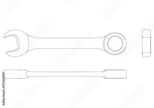 Wrench Line Art Vector Illustration on White Background. Precise Tool Design for Industrial Use, Maintenance, and Repairs