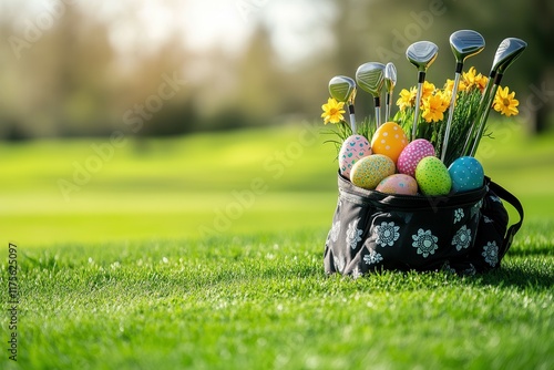 Easter celebration on the golf course with festive golf bag filled with eggs and flowers.