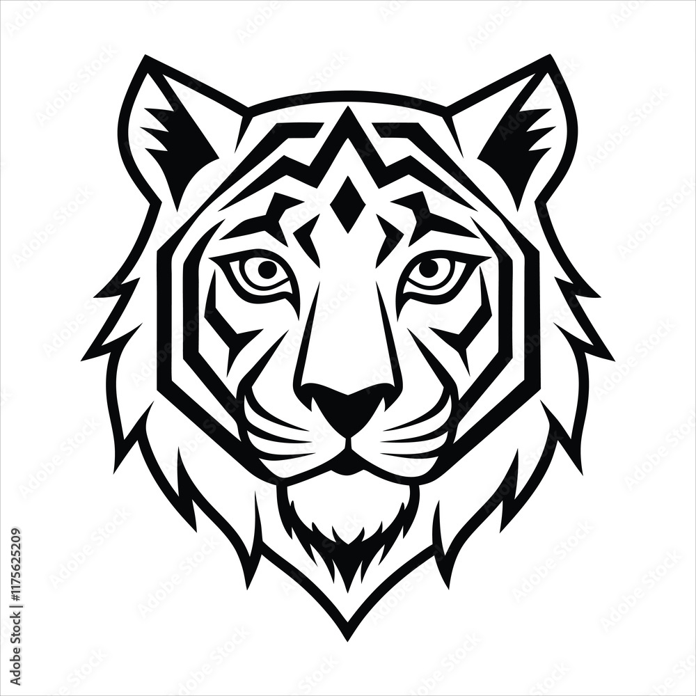 Stylized tiger face, black and white illustration, geometric patterns, tribal art style, symmetrical design, fierce feline portrait, bold lines, angular shapes, minimalist animal logo, striking contra Stylized tiger face, black and white illustration, geometric patterns, tribal art style, symmetrical design, fierce feline portrait, bold lines, angular shapes, minimalist animal logo, striking contra