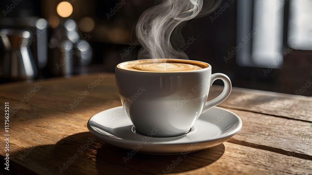 cup of coffee with steam on a table with a dark background cup of coffee with steam on a table with a dark background