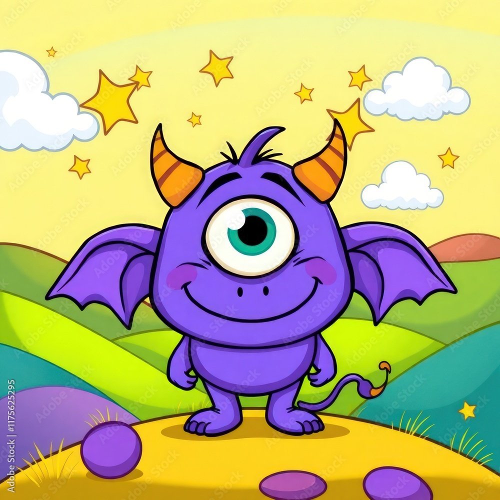 Obraz premium Cheerful Purple Cyclops Monster in a Whimsical Cartoon Landscape with Stars and Vibrant Hills