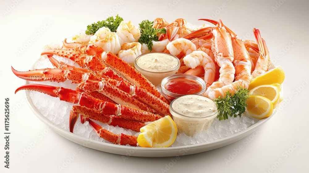 Delicious Seafood Platter With Sauces And Lemon Delicious Seafood Platter With Sauces And Lemon