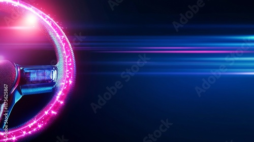 A glowing steering wheel with neon lights, creating dynamic effect