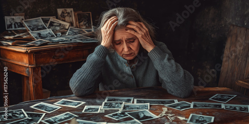 Elderly woman holding her head with a distressed look while sitting at a table covered in scattered, faded photographs, representing lost memories. photo