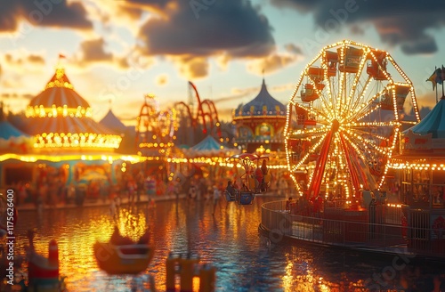 Amusement Park. Bright carnival scenes with cheerful crowds enjoying rides and vibrant attractions, AI generated image photo