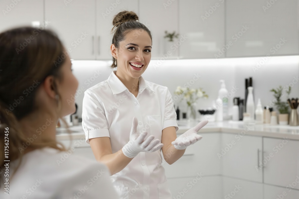 Obraz premium Smiling young hispanic female dentist discusses treatment in modern office.