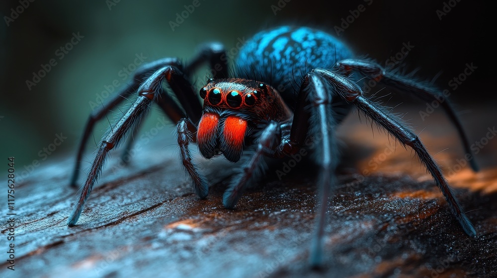 Fototapeta premium Black Widow Spider crawling across a rustic wooden surface