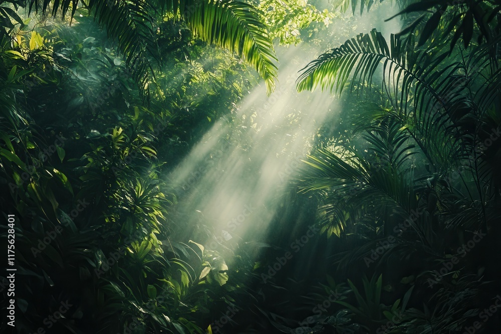 Naklejka premium Lush green jungle with sunlight streaming through dense canopy.