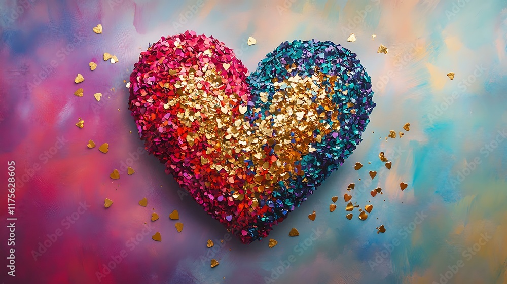 Vibrant heart composition with a combination of overlapping colors and golden confetti accents Vibrant heart composition with a combination of overlapping colors and golden confetti accents