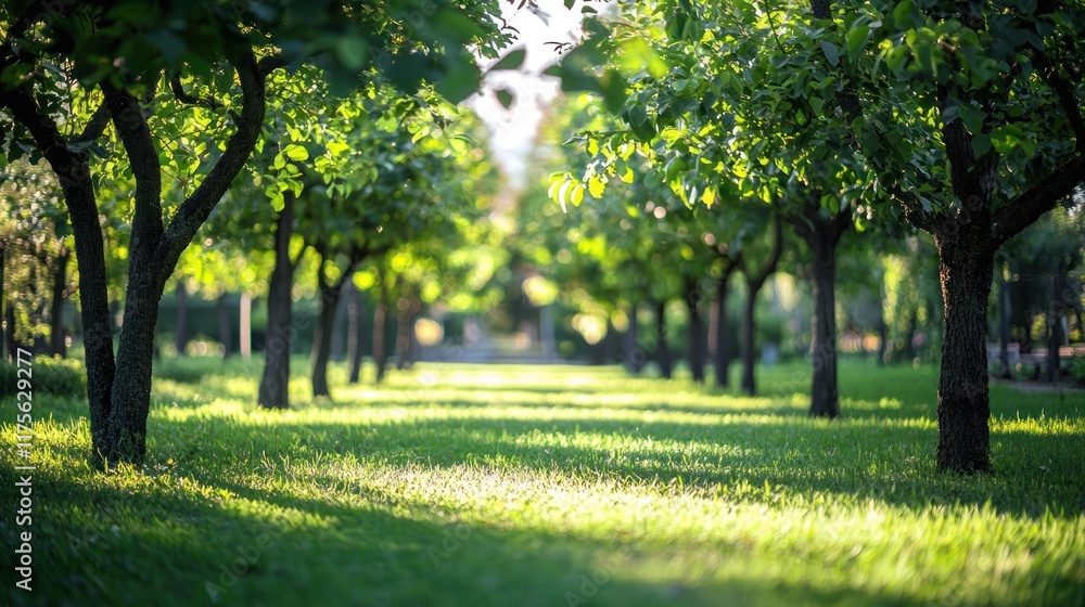 Obraz premium Serene Pathway: Sunlit Trees and Lush Green Grass