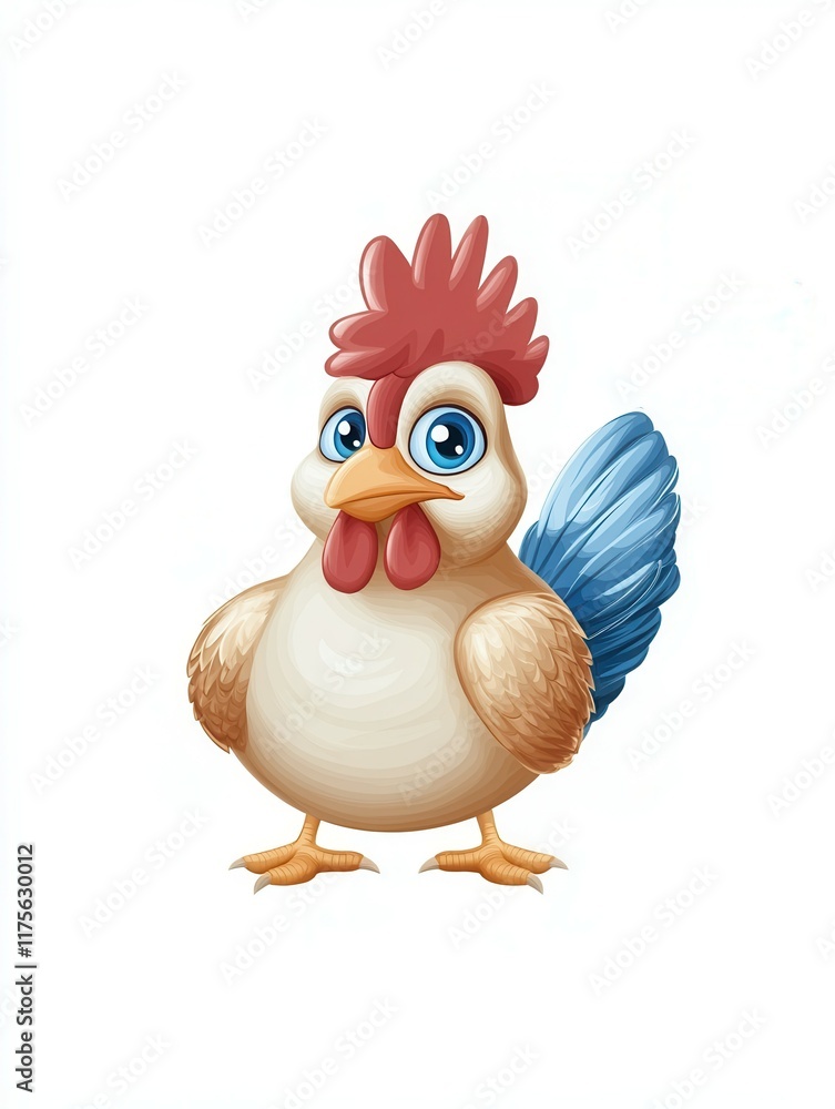 Cartoon chicken character with bright blue eyes and colorful feathers. Cartoon chicken character with bright blue eyes and colorful feathers.