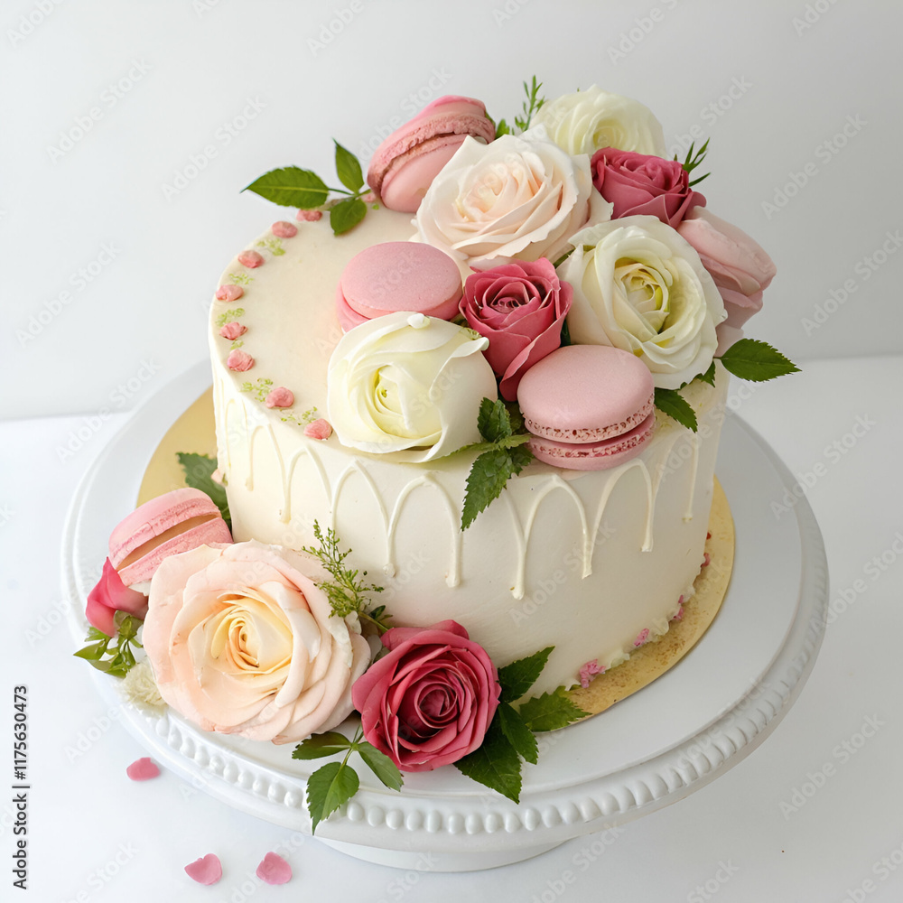 Exquisitely Decorated Cake with Roses and Macarons Exquisitely Decorated Cake with Roses and Macarons