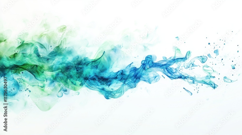 Abstract teal and green watercolor paint swirls on white background. Abstract teal and green watercolor paint swirls on white background.