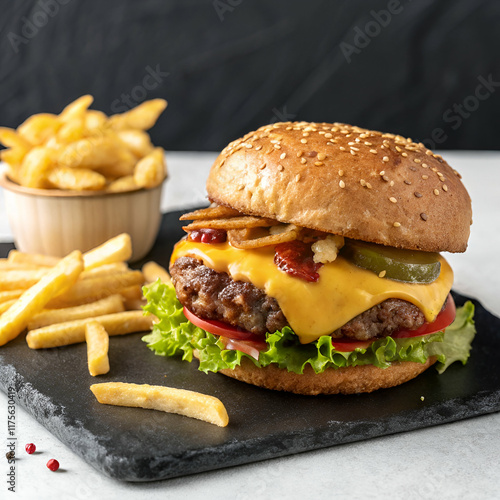 Delicious Cheeseburger with Fries on a Slate Plate