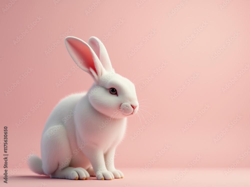 Fototapeta premium Adorable white rabbit posing on pink background