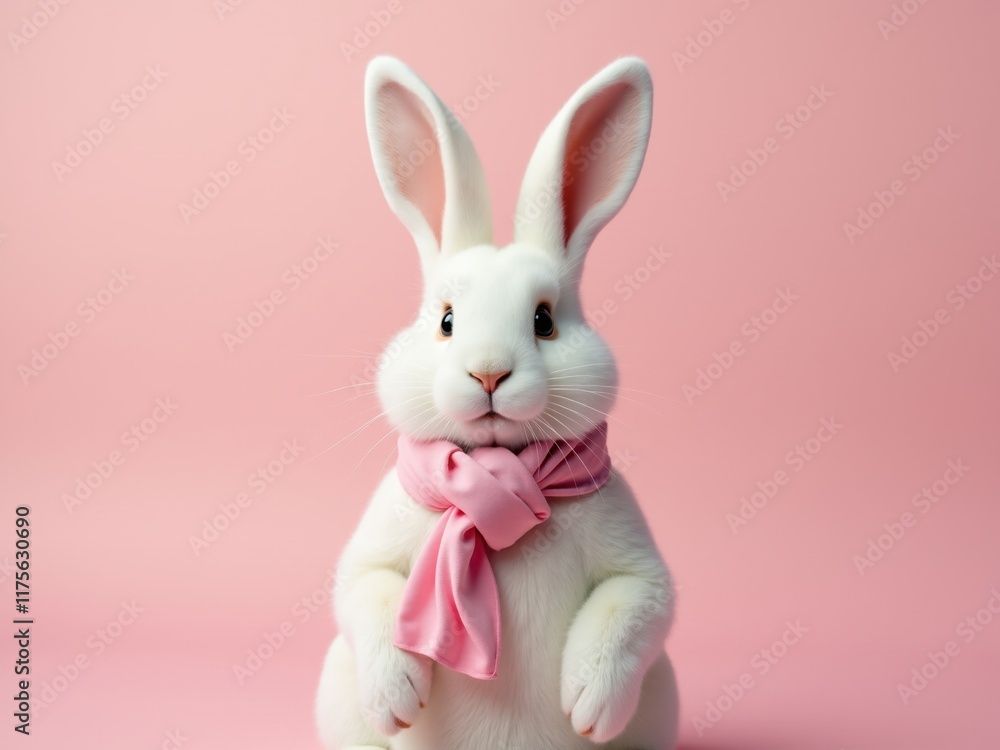 Obraz premium Adorable white bunny wearing pink scarf on pink background