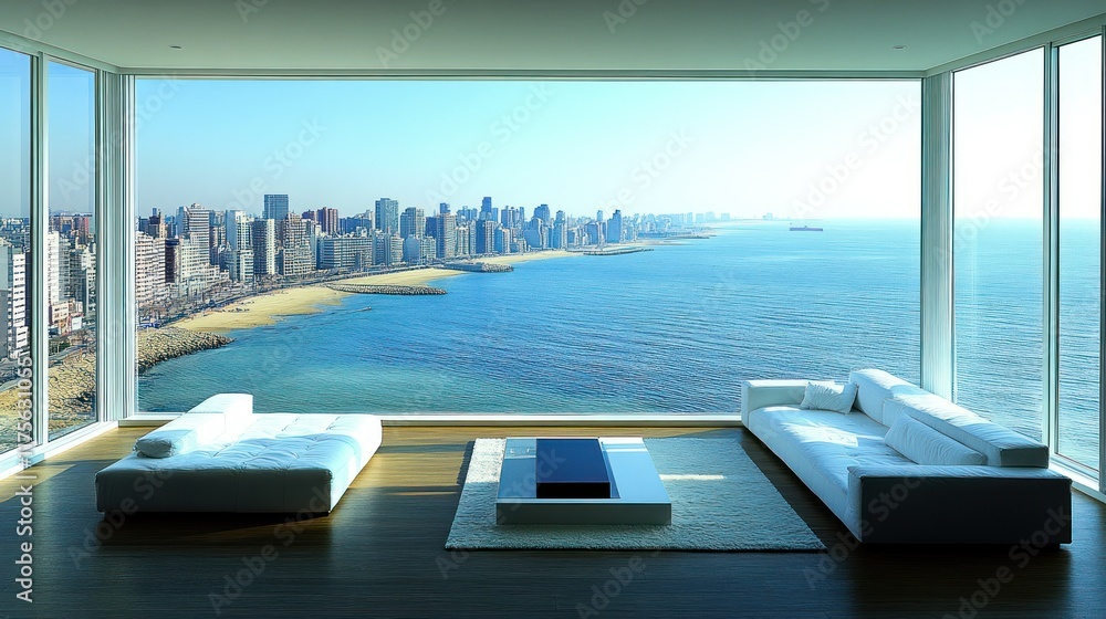 Fototapeta premium Oceanfront Penthouse Living Room with Stunning City Views